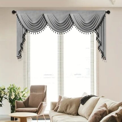 Luxury Gray Window Valance Curtain with Tassel Trim