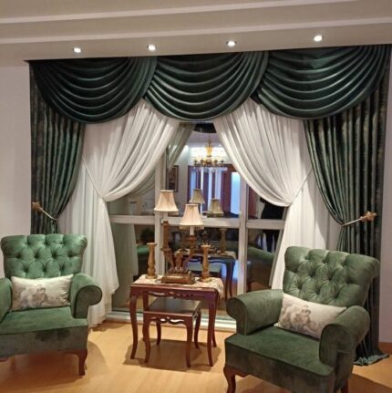 Royal Emerald Velvet Drapes with White Sheer Curtain Set